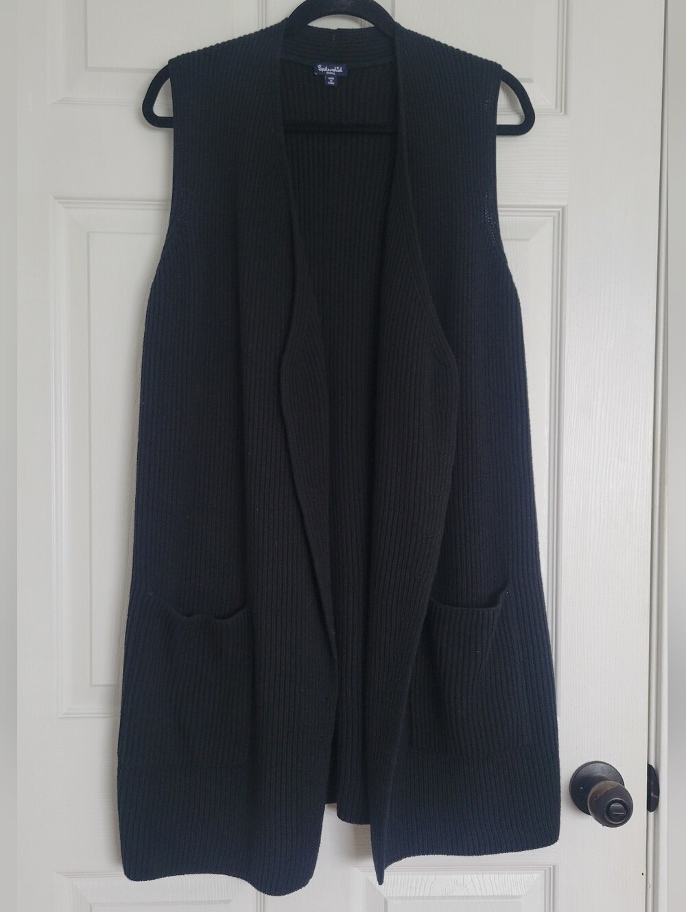 Splendid Black Ribbed Sleeveless Open-Front Long Sweater Vest